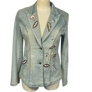 TKC Designs Light Denim Stretch Beaded Eyeballs Lips Lapel Blazer Jacket Sz 4